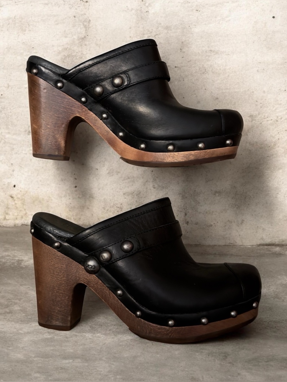 UGG Women's Black Leather Slip-On Mule Clogs